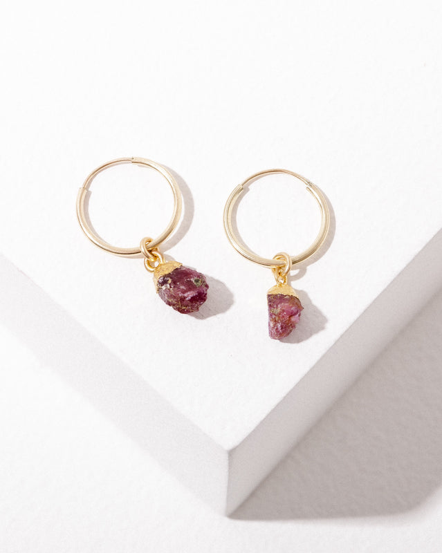 Stone Drop Hoop Earrings-Ruby