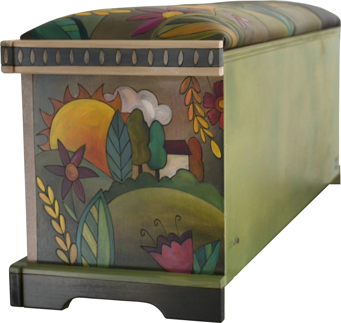 Storage Bench with Leather Seat-Floral Landscape