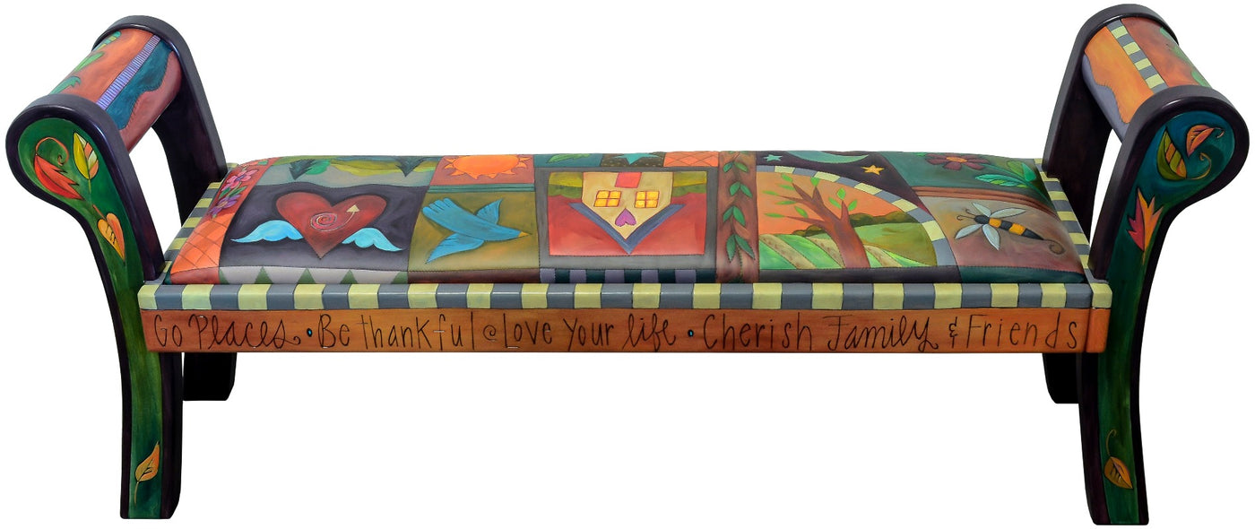 Rolled Arm Bench with Leather Seat-Crazy Quilt