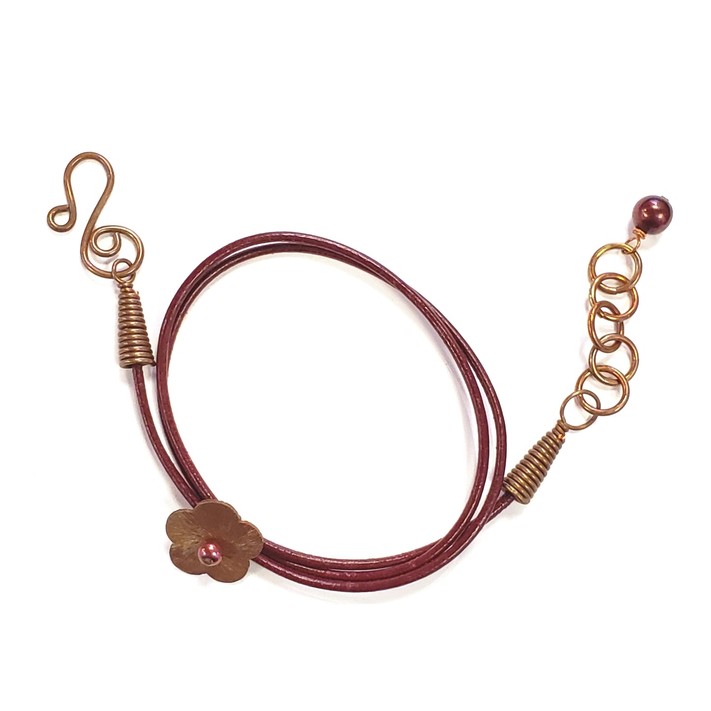 Copper Flower & Red Leather Bracelet
