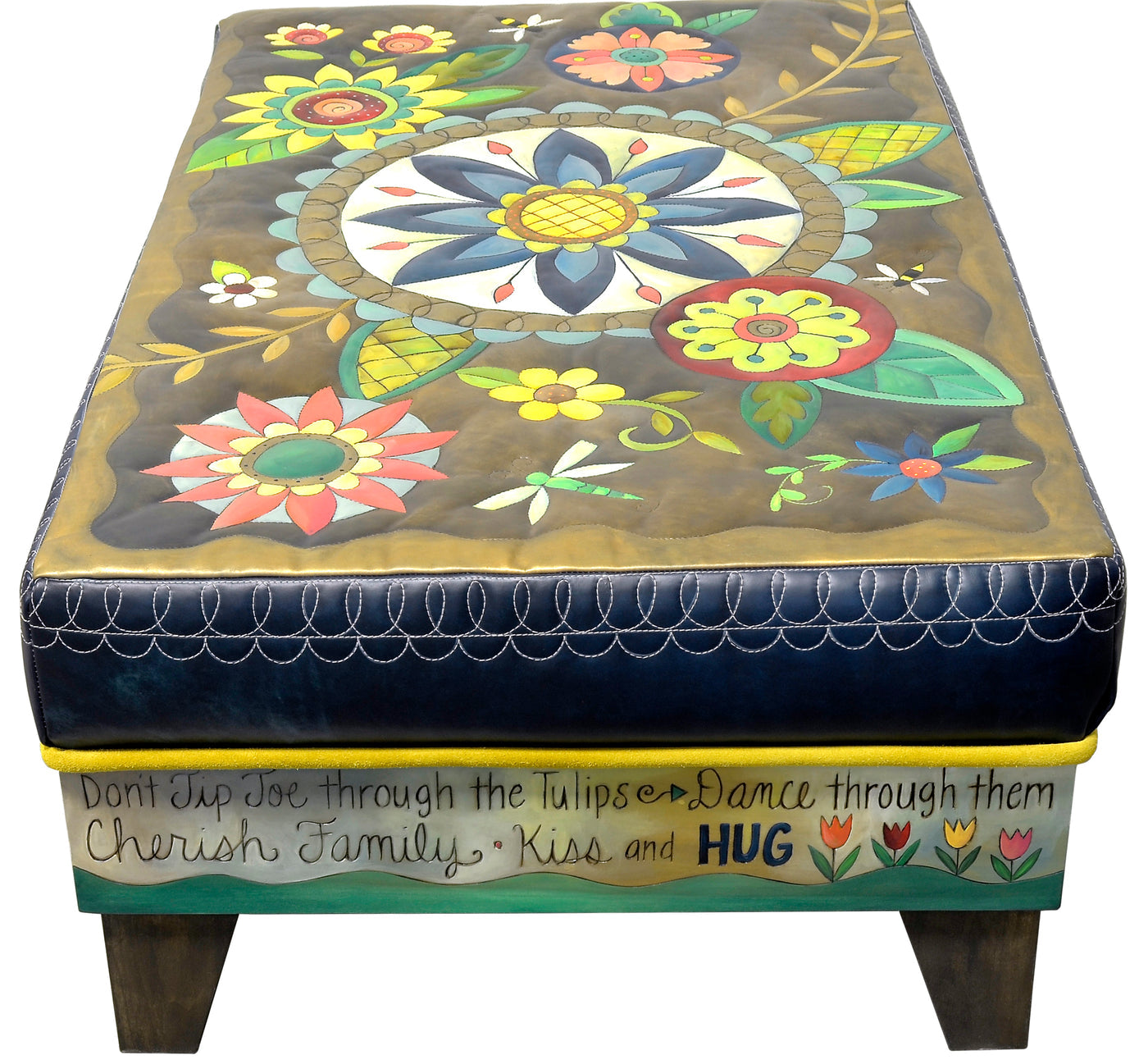 Ottoman With Drawer-Blue Flower