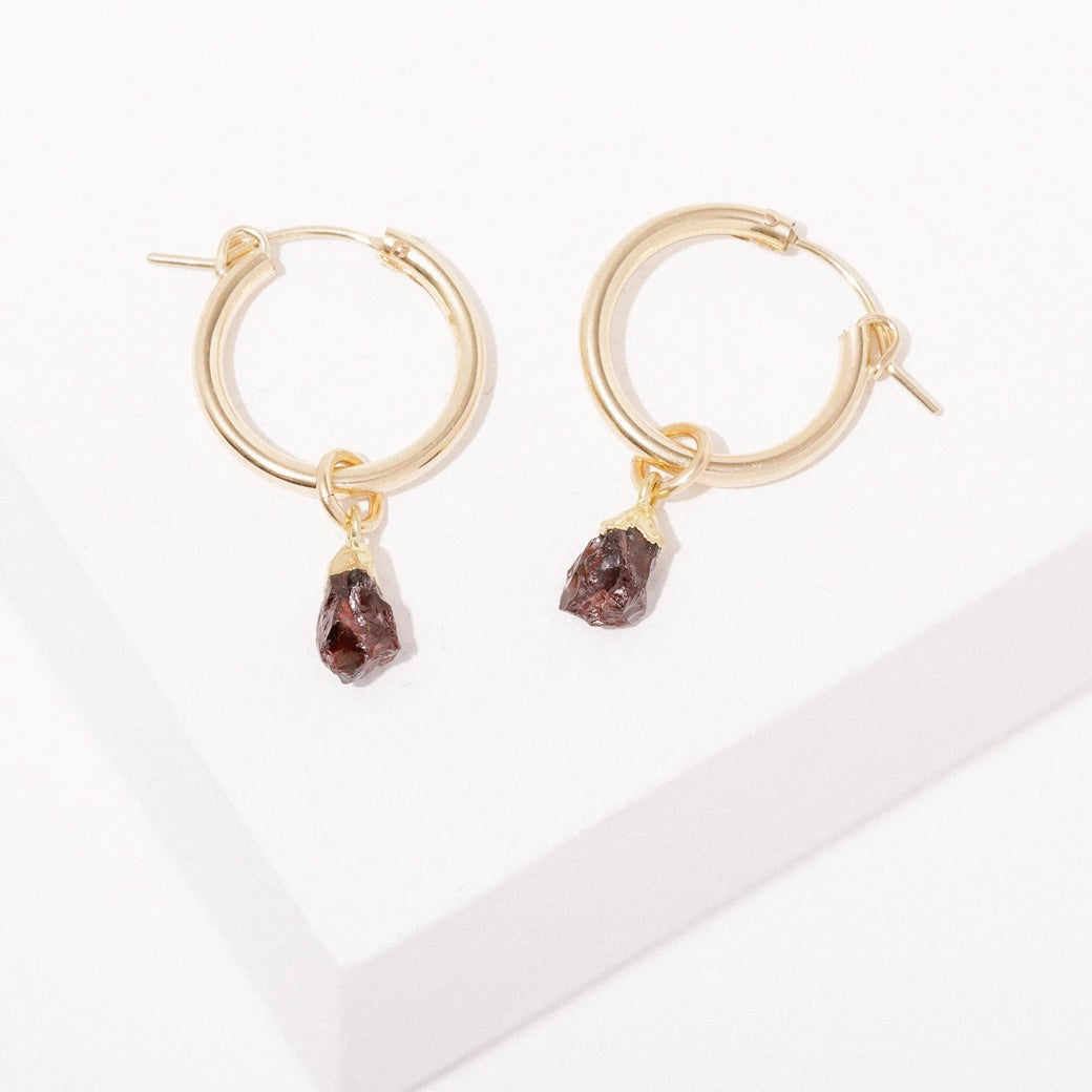 Stone Drop Hoop Earrings-Garnet