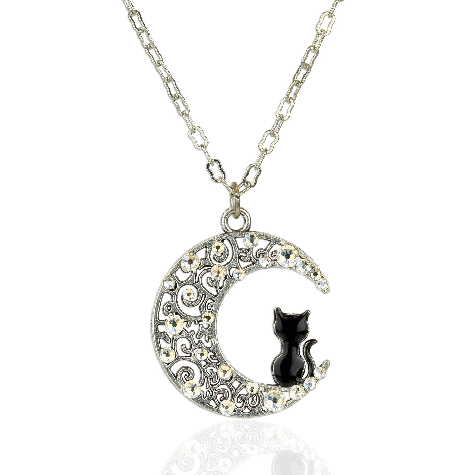 Black Cat On Filigree Crescent Moon Pendant Necklace