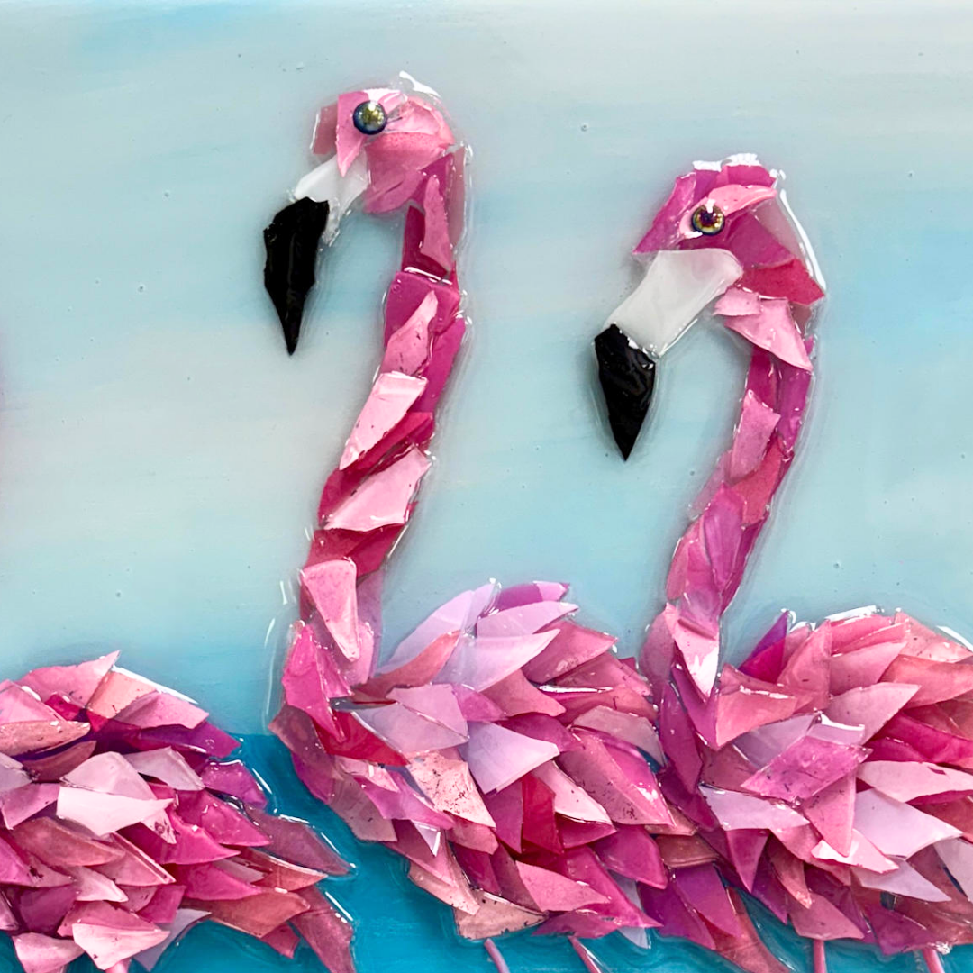 Shattered Glass Art-Flamingos