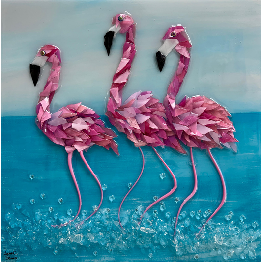 Shattered Glass Art-Flamingos