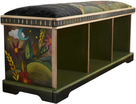 Storage Bench with Leather Seat-Floral Landscape