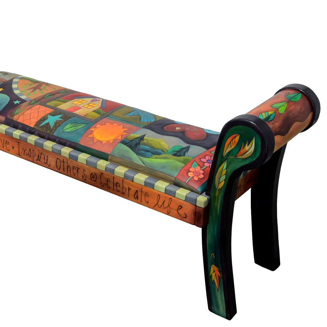 Rolled Arm Bench with Leather Seat-Crazy Quilt