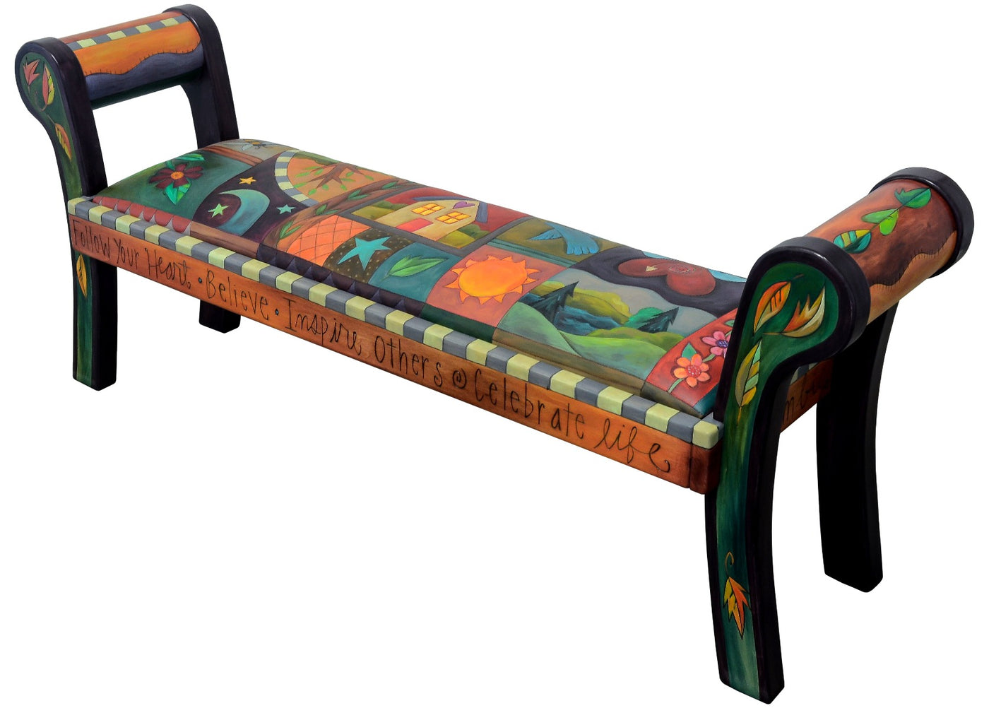 Rolled Arm Bench with Leather Seat-Crazy Quilt