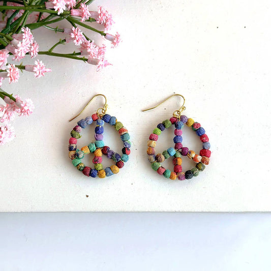 Kantha Peace Sign Earrings