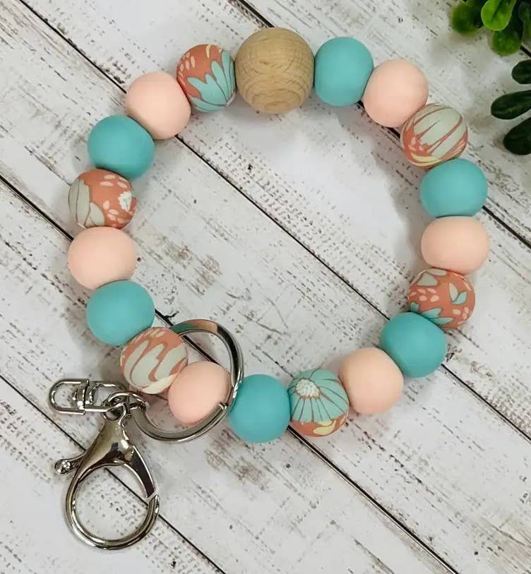 Blue Floral Silicone Wristlet Keychain