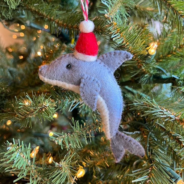 Wool Ornament-Dolphin in Santa Hat