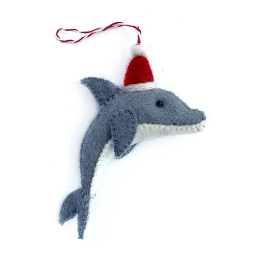 Wool Ornament-Dolphin in Santa Hat