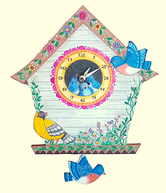 Blue Bird House Clock with Pendulum