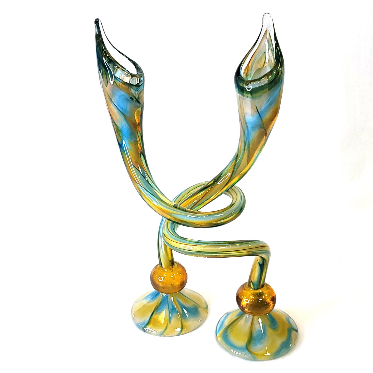 Glass Candle Holders-Aqua & Gold