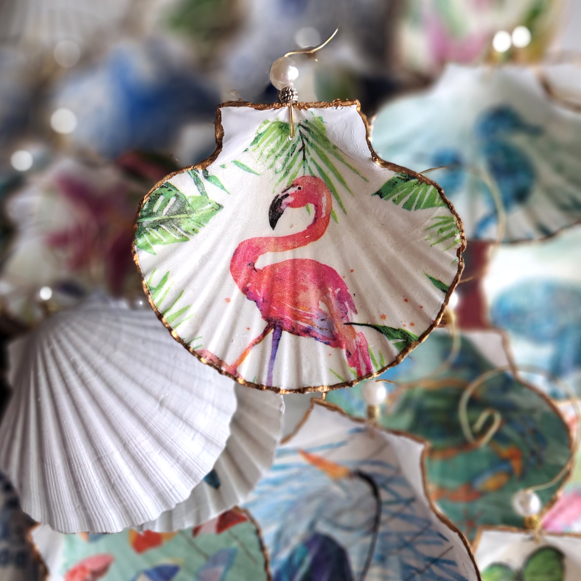 Oyster Shell Christmas Ornament, Starfish, Palm Tree With Lights, Flamingo,  Gold Palm Tree 