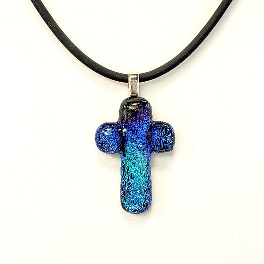 Dichroic Glass Cross Pendant-Blue