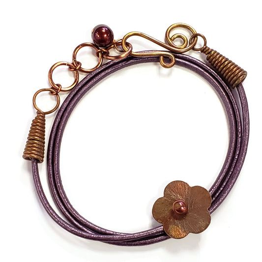 Copper Flower & Purple Leather Bracelet