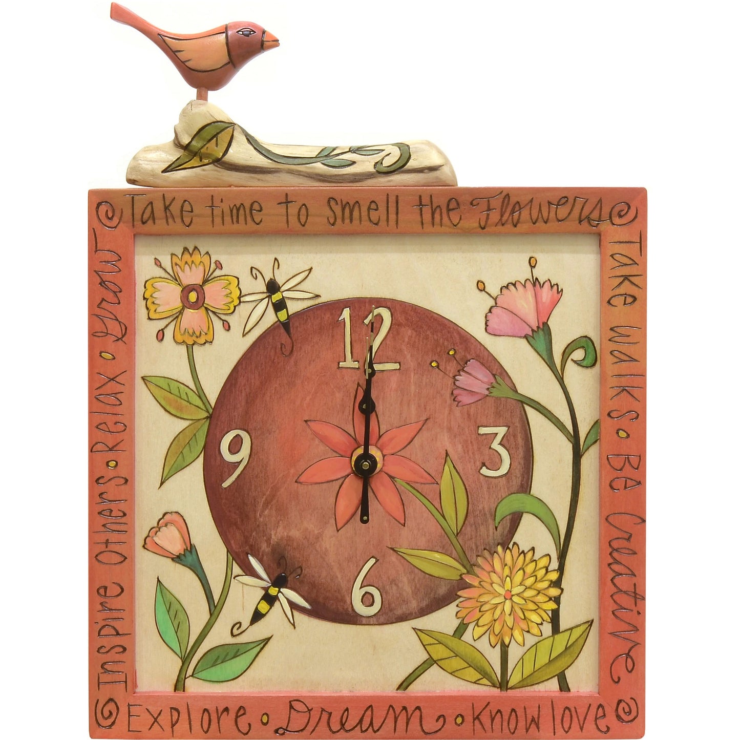 Square Clock with Bird-Smell the Flowers