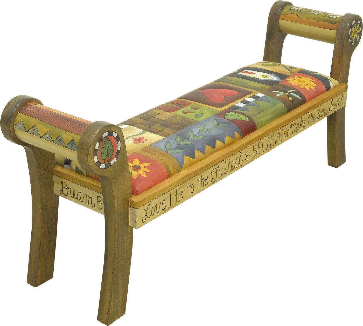 Rolled Arm Bench with Leather-Crazy Quilt