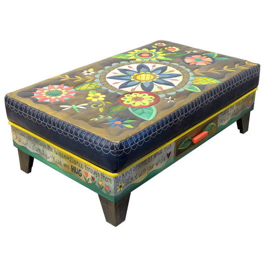 Ottoman With Drawer-Blue Flower
