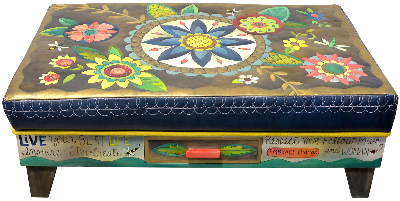 Ottoman With Drawer-Blue Flower