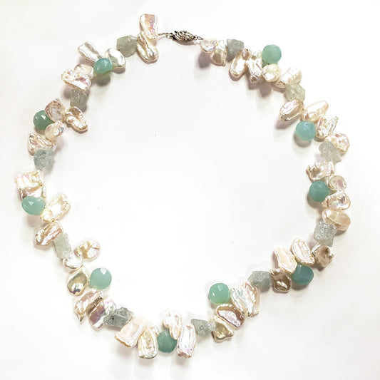 Keshi Pearl, Aquamarine & Chalcedony Necklace