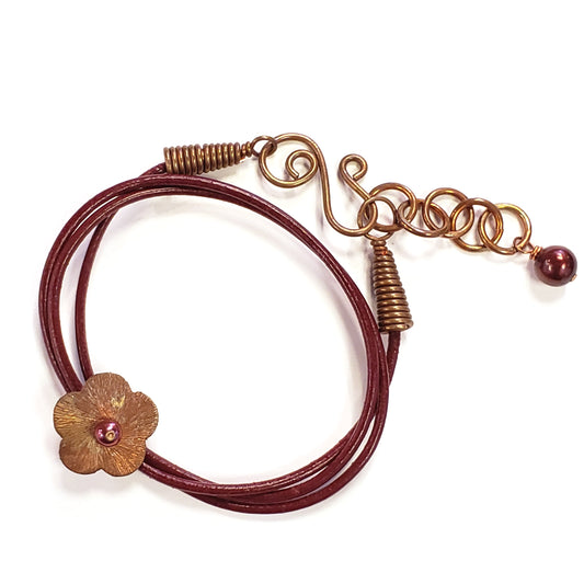 Copper Flower & Red Leather Bracelet