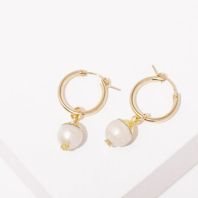 Drop Hoop Earrings-Pearl