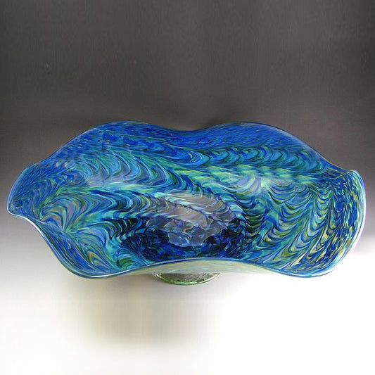 blue blown glass ruffle bowl