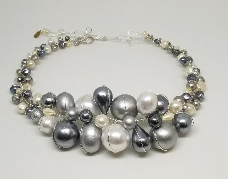 Cotton "Pearl" Collar Necklace-Grey/White